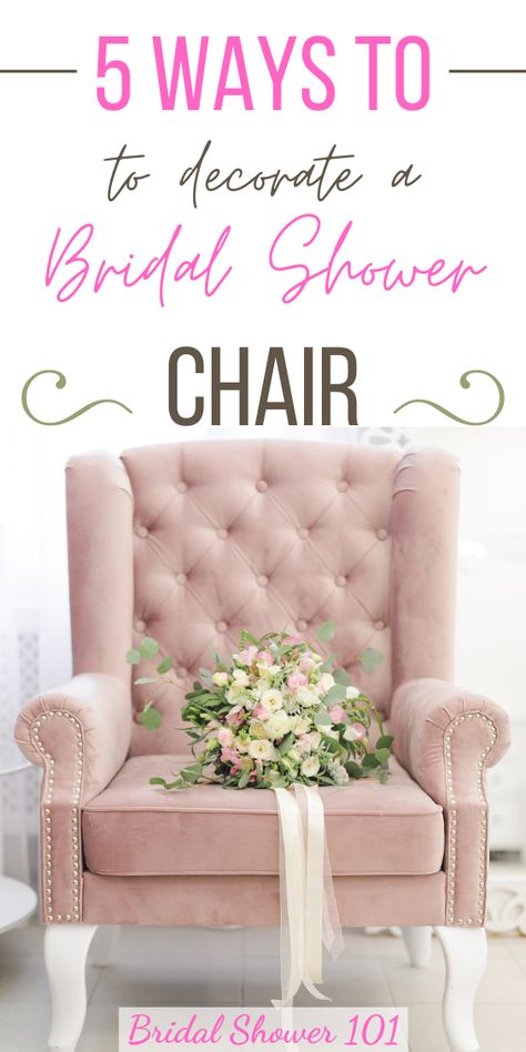 In this post, we will give you the complete list of products you will need to create the perfect bridal shower chair for your bride to be. #bridalshower #wedding #bridalshowerchair #weddings Bridal Shower Gift Chair For Bride, Bridal Shower Chairs For Bride, Bridal Shower Room Setup, Bride To Be Chair Decorations, Bride To Be Table Decoration Ideas, Blush Bridal Shower Ideas Decorations, Front Porch Bridal Shower Decor, Bridal Shower Tiara The Bride, Chair For Bridal Shower Bride To Be