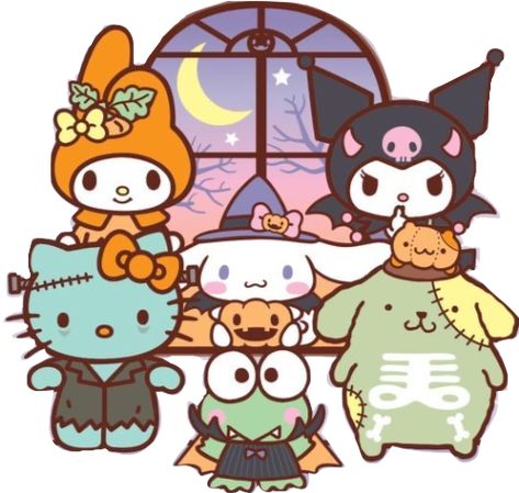 #sanrio #halloween #october #cute #kawaii #spooky #sanriocharacters #sanriocore #pinterest Halloween Hello Kitty And Friends, Sanrio Halloween Pfp Matching, Sanrio Trunk Or Treat, Cutecore Halloween Pfp, Halloween Stuff To Do With Friends, Sanrio Art Ideas, Kawaii Halloween Pfp, Hello Kitty Halloween Party, Cute Halloween Cartoons