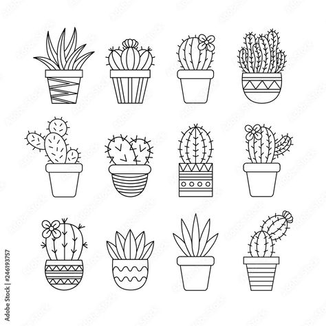 Cute cactus set, different types of cacti in patterned plant pots, vector illustrations, succulent isolated outlined icon collection. Stock Vector | Adobe Stock Succulents Drawing, Plant Doodle, Ipad Painting, Cactus Tattoo, Bestie Tattoo, Cactus Drawing, Hand Doodles, Valentine Coloring Pages, Miniature Embroidery