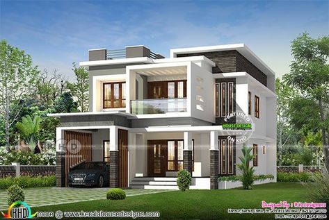 Kerala home design and floor plans - 8000+ houses: 2153 sq-ft 4 bedroom box model house 8000 Sq Ft House Plans, Box House Design, Kerala Home Design, Double Storey House Plans, Small House Design Architecture, 3 Storey House Design, Kerala Home, Double Storey House, Kerala House