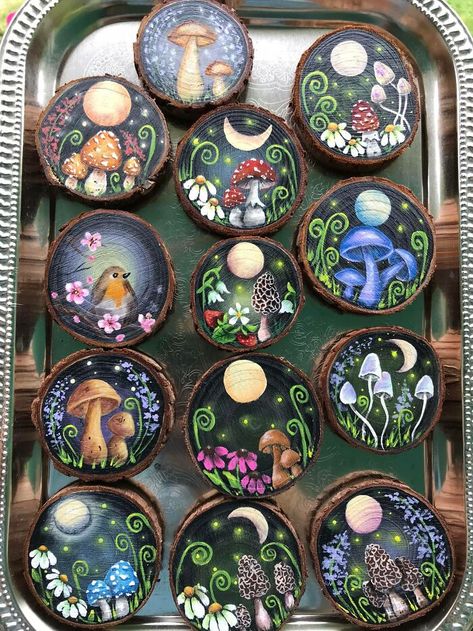 Creator: Me (The Stone Pansy) Medium: acrylic on wood, magnets I’m peculiar and my wife calls me an artist. Plank Paintings Diy Wood, Hand Painted Tables Ideas, Mushroom Painted Rocks, Painted Wood Rounds, Painted Stones And Rocks, Witchy Crafts To Sell, Mystical Paintings, Mushroom Paint, Mushroom Crafts