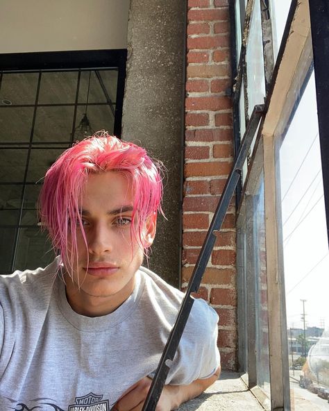 Long Dyed Hair Men, Pink Hair Men, Pink Hair Male, Guys With Pink Hair, Pink Hair Guy, Pink Hair Streaks, Bright Pink Hair, Long Pink Hair, Pink And Black Hair