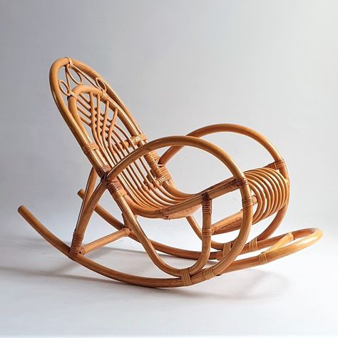 Listed on VNTG.com: Vintage Rattan Children's Rocking Chair, 1970s | #vntg #vintage Baby Chair Design, Aesthetic Chairs, Cane Rocking Chair, Rattan Rocking Chair, Childrens Rocking Chairs, Vintage Rattan, Baby Chair, Cane Chair, Woven Wood