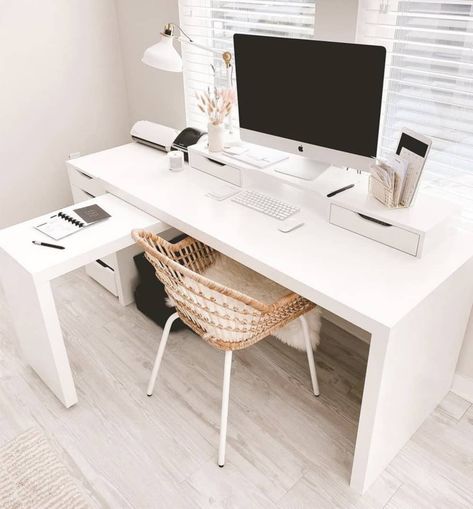 IKEA white minimalist pull out desk Ekby Ikea, Ikea White Desk, Ikea Malm Desk, Linnmon Desk, Desk For Two, Ikea Desk Hack, Desk Hacks, Mobile Desk, Ikea Office