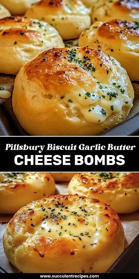 These Pillsbury Biscuit Garlic Butter Cheese Bombs are irresistibly cheesy, buttery, and full of garlicky goodness! Perfect as a quick appetizer or side dish for any occasion. Turkey And Cheese Biscuits, Cheese Filled Biscuits, Appetizer With Biscuits, Pull Apart Cheesy Garlic Muffins, Pillsbury Garlic Cheese Balls, Pillsbury Biscuit Garlic Bread, Pillsbury Bread Dough Recipes, Meatball Biscuit Appetizer, Biscuits With Cheese Inside