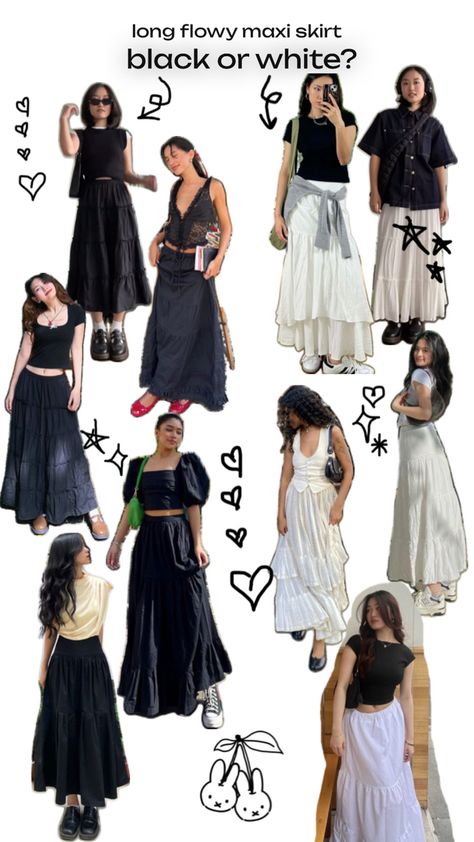 black or white outfits? Flowy Skirt Outfit, Long Black Skirt Outfit, Black Maxi Skirt Outfit, White Skirt Outfits, Black Skirt Outfits, Mode Grunge, Looks Pinterest, 여름 스타일, Long Skirt Outfits