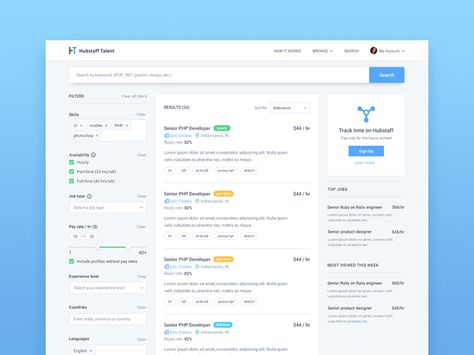 Check out the new Job search page for Hubstaff Talent that we posted on Dribbble  like it? Job Listing Design, Search Ui, Web Design Jobs, Ui Design Dashboard, Search Web, Dashboard Ui, Ux Design Inspiration, Search Page, Dashboard Design