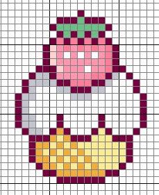 Free Kawaii Cupcake Chart Pattern for Hama Perler Beads or Cross Stitch Cute Easy Cross Stitch Patterns, Strawberry Shortcake Cross Stitch, Strawberry Shortcake Perler Beads, Strawberry Shortcake Pixel Art, Pastel Cross Stitch, Kawaii Cross Stitch Pattern Free, Strawberry Perler Bead Pattern, Cross Stiches Ideas Easy, Candy Pixel Art