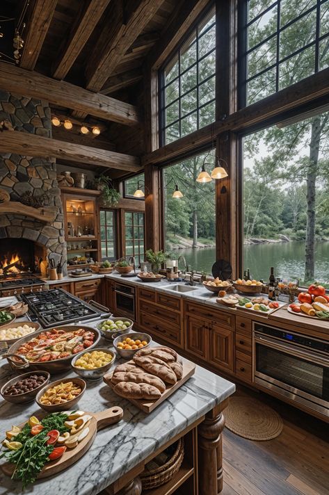 Rustic Kitchen Window 🌿🍽️ Rustic Kitchen Window, Lodge Kitchen, Kitchen View, Log Cabin Ideas, Ideal Kitchen, Dream Life House, House Arch Design, Kitchen Views, Fantasy House