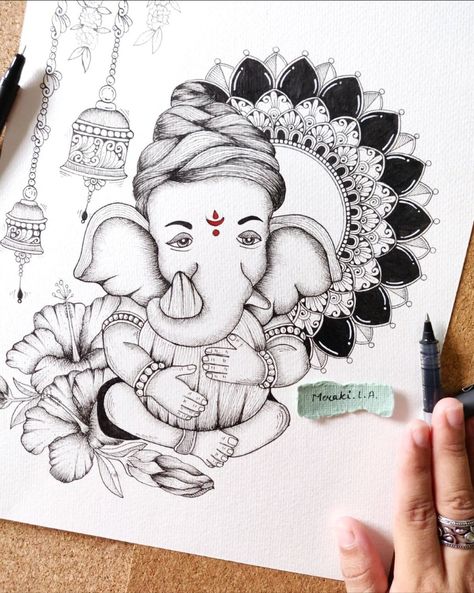 Ganpati Mandala Art Colourful, Ganpati Pencil Drawing, Ganpati Sketch Pencil, Ganpati Drawing Sketch, Ganeshji Drawing, Ganesha Art Sketch, Mandna Art, Ganpati Drawing, Ganesha Drawing