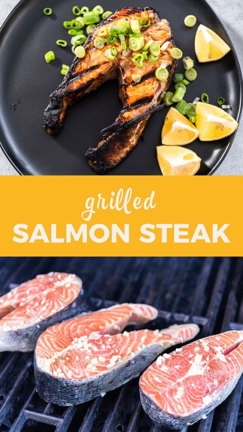 Salmon Steak Recipes, Savory Salmon, Salmon Steaks, Family Cookout, Steak Dinner Sides, Bbq Salmon, Marinated Salmon, Salmon Steak, Grilled Steak Recipes