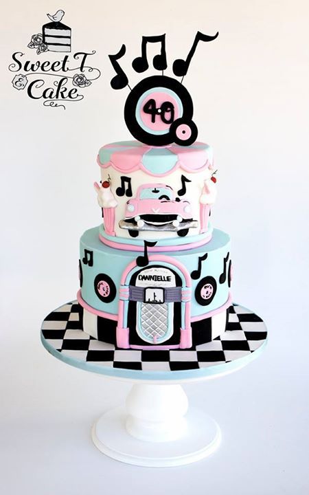 Sweet T & Cake Hbd Mom, 50s Cake, Grease Themed Parties, 50s Birthday, Elvis Cakes, T Cake, Tire Cake, Grease Party, 50s Theme