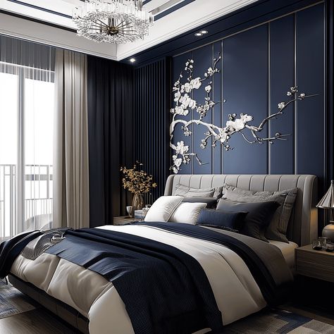 Luxurious Navy Blue Contemporary Bedroom [Room Inspiration] White Bedroom Blue Accents, Dark Navy Bedroom, Luxury Blue Bedroom, White Gold Bedroom, Dark Blue Rooms, Blue And Gold Bedroom, Navy Bedroom, Navy Bedrooms, Dark Blue Bedrooms