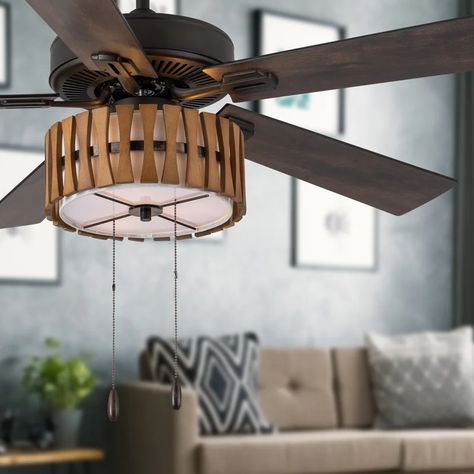 George Oliver Santagata 52'' Ceiling Fan with Light Kit & Reviews | Wayfair Brown Ceiling Fan, Brown Ceiling, Wood Ceiling Fans, Bronze Ceiling Fan, Linen Lights, Fan With Light, Dark Brown Color, Ceiling Fan With Remote, Pull Chain