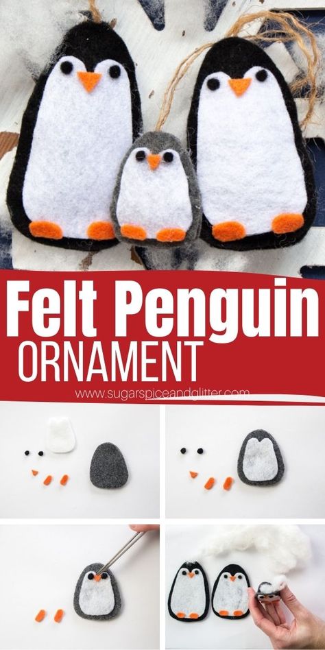 Felt Christmas Ornaments Cricut, No See Felt Crafts, Felt Ornaments No Sew, Easy Felt Christmas Ornaments No Sew, Felt Penguin Pattern Free, No Sew Felt Christmas Ornaments, Cricut Felt Ornaments Diy, Penguin Tree Christmas, Kids Felt Ornaments