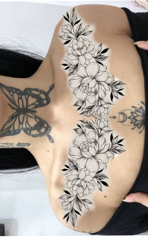 Tattoo Chest Cover Up, Floral Chest Tattoo Design, Feminine Chest Tattoo Ideas, Under But Tattoo, Belly Flower Tattoo, Cover Up Tattoos Chest, Inbetween Breast Tattoo Ideas, Vine Chest Tattoo, Plus Size Tattooed Women