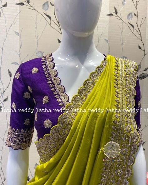 Purple Blouse Contrast Saree, Violet Colour Saree Contrast Blouse, Orange Colour Saree Contrast Blouse, Saree Cut Work Designs, Voilet Saree Combination Blouse, Orange Lehenga Colour Combinations, Orange Saree Blouse Combination, Purple Blouse Designs For Saree, Orange Saree Contrast Blouse