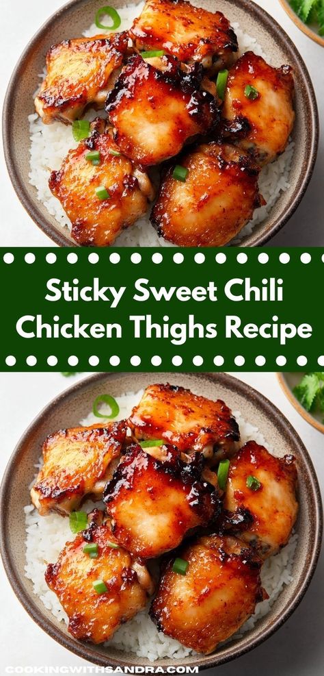 Looking for a flavor-packed meal that the whole family will love? These Sticky Sweet Chili Chicken Thighs are the perfect addition to your dinner recipes, offering a delicious balance of sweetness and spice for any occasion. Sweet Asian Chicken Recipes, Chicken Thigh Chunks Recipes, Sweet Chicken Chili, Yummy Chicken Thigh Recipes, Sticky Chicken Thigh Recipes, Keto Chicken Thigh Recipe, Dairy Free Chicken Thigh Recipes, Whole Chicken Thigh Recipes, Sweet Chili Sauce Recipe Chicken