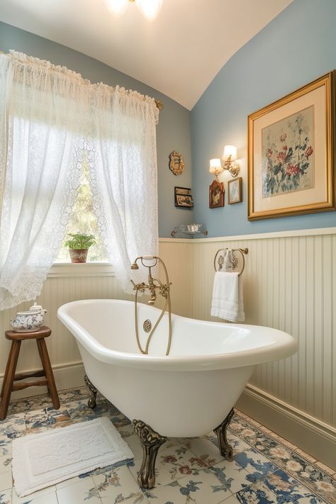 This stunning vintage bathroom offers a serene and elegant escape. The clawfoot tub, ornate fixtures, and lace curtains transport you to a simpler time while maintaining a charming aesthetic. Perfect for those seeking modern bathroom ideas with a classic twist. #VintageBathroom #ElegantDesign #HomeDecor Clawfoot Tub Shower Combo Bathroom Layout Ideas, Clawfoot Tub Aesthetic, Claw Bathtub Ideas, Bathroom With Clawfoot Tub Ideas, Vintage Clawfoot Tub Bathroom, Cottagecore Bathroom Aesthetic, Clawfoot Tub Shower Combo, Claw Foot Tub Bathroom, Bathtub Inspiration