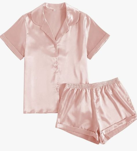 Pink Pajama Set, Silk Pj Set, Silk Pajamas Shorts, Pink Pajama, Top With Shorts, Shorts Pajama Set, Pink Pajamas, Women's Sleepwear, Amazon Essentials