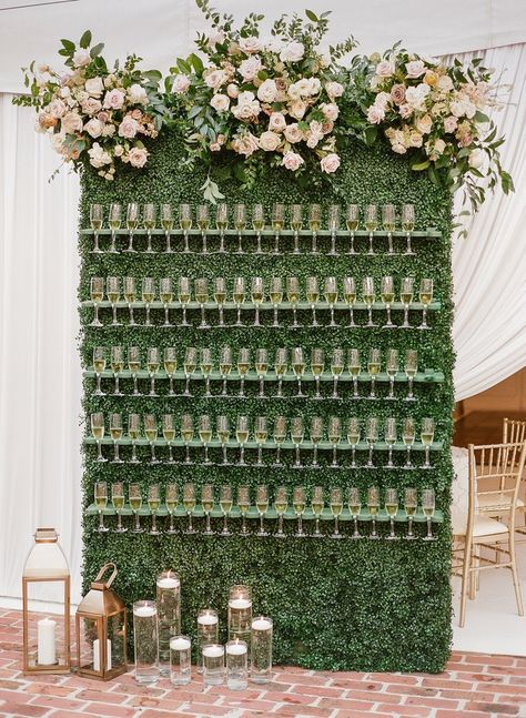 Champagne Wall Flowers, Living Wall Wedding, Green Champagne Wall, Champagne Hedge Wall, Wall Of Champagne Glasses, Beverage Wall Wedding, Flower Champagne Wall, Floral Wedding Wall, Champagne Wall Engagement Party