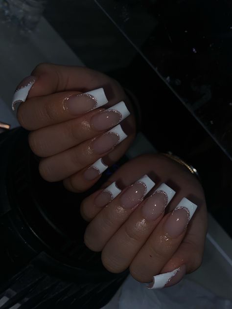 New Years French Tip Nails Sparkle, Glitter Line French Tip, French Tips Glitter Line, Glitter Lined Nails, White French Tip Nails With Gold Line, White French With Gold Line, White French Tips With Gold Line, White French Tip With Glitter Line, French With Glitter Line