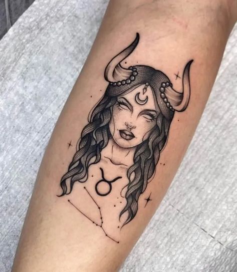 Taurus Patchwork Tattoo, Taurus Woman Tattoo Design, Woman Taurus Tattoo, Taurus Queen Tattoo, Taurus Art Tattoo, Bull Woman Tattoo, Tattoo Body Women, Cool Taurus Tattoos, Taurus Shoulder Tattoo