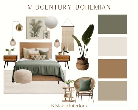 Midcentury Bohemian Mood Board With Links and Color Palette - Etsy Home Color Pallet Ideas, Bedroom With Wood Accents, Apartment Vibes, Loft Ladder, Modern Organic, Bohemian Bedroom, Digital Drawings, Nyc Apartment, Bedroom Green