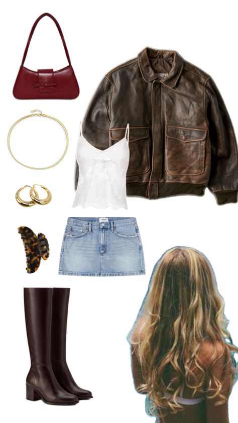 Brown leather jacket, brown leather boots, denim skirt, white lace top, gold jewellery, claw clip and burgundy bag Sabrina Carpenter Outfits, Boots Denim, Leather Jacket Brown, Burgundy Bag, Cool Girl Style, White Lace Top, Skirt White, Brown Leather Jacket, Different Outfits