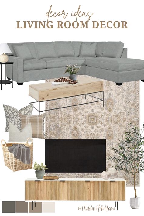 Living room decor mood board with a gray sectional sofa and neutral accent colors Living Room Decor Neutral Gray, Gray Sofa Neutral Living Room, Khaki Sectional Living Room Ideas, Neutral Living Room With Gray Couch, Gray Tan And Cream Living Room, Light Grey Couch Mood Board, Gray And Cream Living Room Ideas, Taupe Sectional Living Room Decor, Grey And Beige Mood Board