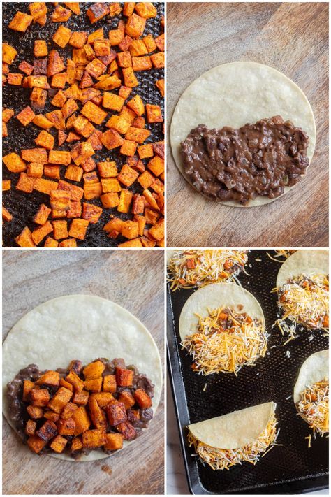 These Roasted Sweet Potato and Black Bean Tacos are easy to make and so great for your next vegetarian Taco Tuesday! They're made using seasoned roasted sweet potatoes, refried black beans and melty cheese. Top with guacamole and enjoy! These tacos are gluten free and easily made vegan using vegan cheese. #tacotuesday #vegetarianrecipe #roastedsweetpotato #blackbeantacos #glutenfree Sweet Potato Burritos, Loaded Sweet Potato Vegetarian, Black Bean And Sweet Potato Recipes, Black Bean And Sweet Potato Tacos, Sweet Potato And Black Bean Tacos, Black Bean Sweet Potato Tacos, Sweet Potato Black Bean Tacos, Potato And Black Bean Tacos, November Meals