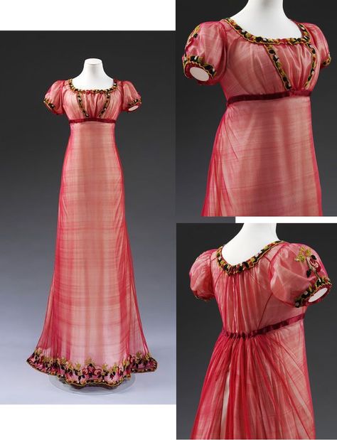 1810 ca. Evening Dress, British. Empire style, short sleeves, machine made silk net, embroidered with chenille thread, with silk ribbon, hand-sewn. Regency Gown, Regency Era Fashion, 1800s Fashion, Regency Dress, Regency Fashion, 19th Century Fashion, History Fashion, Old Dresses, Vintage Gowns