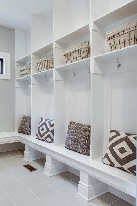 Mudrooms are the answer for busy families! Let this be a place to stop and drop everything after a long day. Stop And Drop Entryway, Basement Nook, Bench With Baskets, Built In Benches, Cute Throw Pillows, Black Fixtures, Wood Sorrel, Bench Pillow, Farmhouse Bench