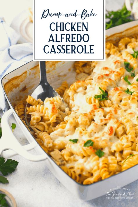 A 10-minute crowd-pleaser, this Dump and Bake Chicken Alfredo Casserole is an easy, cheesy, comfort food dinner for your busiest weeknights -- and you don't even have to boil the pasta! Serve the simple Chicken Alfredo Bake with a side of broccoli, a crisp green salad, garlic bread or a crusty baguette. With a jar of Alfredo sauce and a rotisserie chicken, it's one of the quickest meals you'll ever prep! Dump And Bake Chicken Alfredo Pasta Casserole, What To Do With A Jar Of Alfredo Sauce, Chicken Alfredo Easy Jar, Easy Chicken Broccoli Alfredo Recipe, Easy Alfredo Bake, Dinner With Alfredo Sauce, Recipes With Jar Alfredo Sauce, Alfredo Dump And Bake, Chicken Alfredo Using Jar Sauce