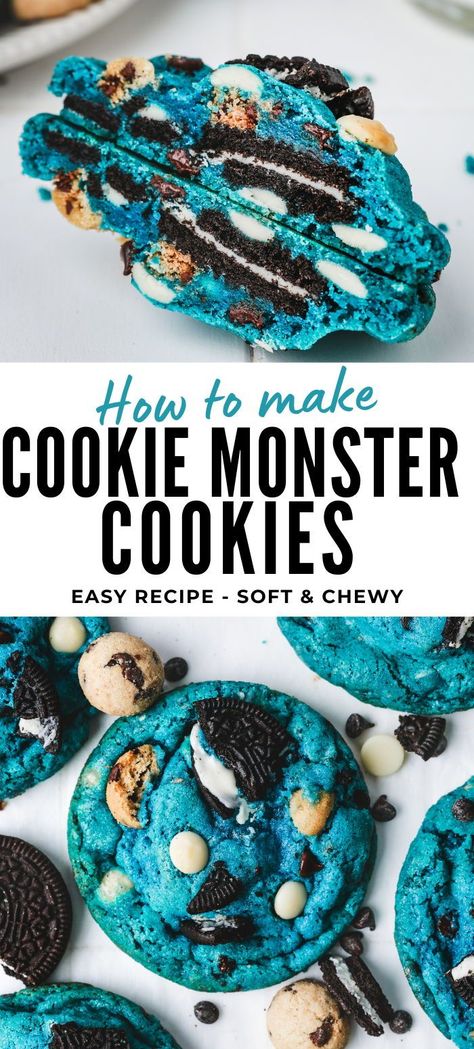 Create the ultimate cookie monster cookies with this easy step-by-step recipe! These irresistibly soft and chewy blue cookies are loaded with white and dark chocolate chips, as well as crushed Oreos and chocolate chip cookies, making them the perfect treat for birthday parties and cookie lovers. Oreo Cake Cookies, Crumbl Cookie Monster Copycat, Homade Crumble Cookies, Recipes With Oreos Easy, How To Make Cookie Monster Cookies, Cookie Monster Cookie Recipe, Easy Crumble Cookie Recipe, Cookies That Freeze Well, Cookie Monster Cookie Cake