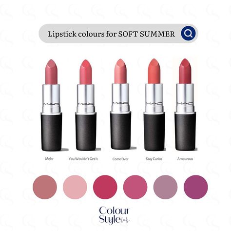 Soft Summer lipstick colours are muted with neutral-cool undertone. Colours are soft pinks, rose, cool nudes and muted berry reds. Opt for matte finishing. Avoid bright and warm colours. Examples of Soft Summer lipstick colours. . . . . . #softsummer #softsummercolors #coloranalysis #colouranalysis #12seasoncoloranalysis Cool Summer Red Lipstick, Red Lipstick For Soft Summer, Soft Summer Red Hair, Soft Summer Red Lipstick, Soft Summer Lipstick Colors, Soft Summer Lipstick, Soft Summer Makeup Looks, Summer Lipstick Colors, Rose Cool