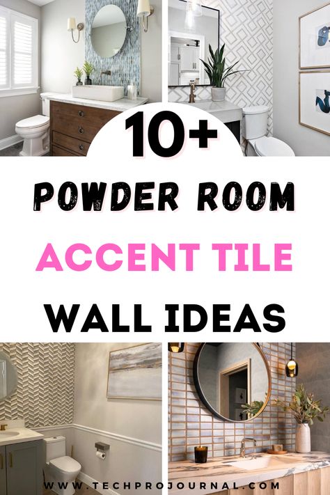 Learn how to transform your powder room with a stunning accent tile wall! These ideas show how the right tile can add color, texture, and personality to even the smallest powder room. Perfect for creating a standout look in a compact powder room. Smallest Powder Room, Half Bath Accent Wall, Tile Accent Wall Bathroom, Room Tiles Wall, Powder Room Accent Wall, Half Bathroom Wallpaper, Powder Room Tile, Brown Accent Wall, Half Bath Ideas