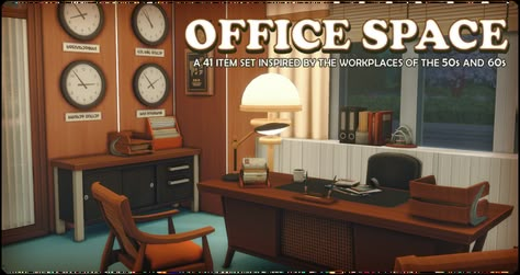 OFFICE SPACE - A MidCentury Office Set | Surely-Sims on Patreon Midcentury Office, Cc Folder, Retro Office, Sims 4 Cc Furniture, Sims 4 Cc Packs, Modular Shelving, Best Sims, Sims 4 Build, Office Set