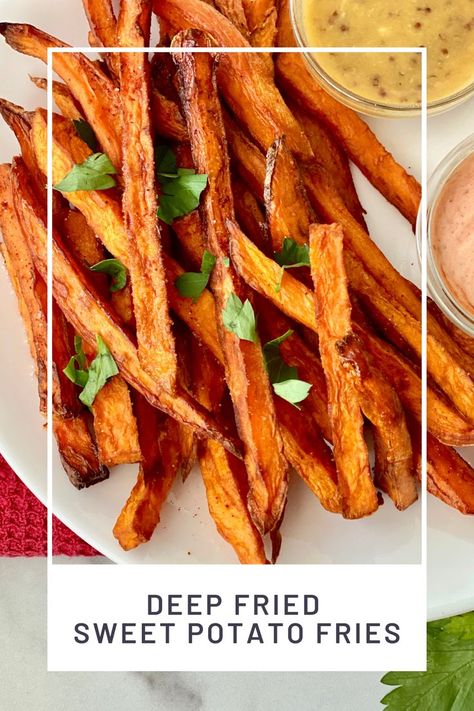 Sweet Potato Fries In Deep Fryer, Sweet Potatoe Frys, Sweet Potato Fries Fried In Oil, How To Fry Sweet Potatoes, Pan Fried Sweet Potato Fries, Fried Sweet Potatoes Fries, Homemade Sweet Potato Fries Deep Fried, Deep Fried Sweet Potatoes, Fried Sweet Potatoes Skillet