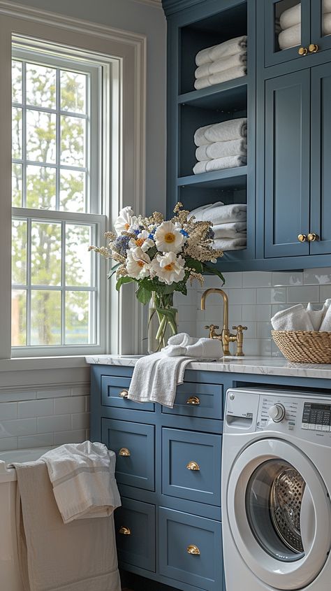 Looking to upgrade your laundry room? 🧺 Explore 40+ of the best laundry room ideas to inspire you! From sleek and modern designs to functional and organized spaces, these ideas will help you create a stylish and efficient laundry area that makes chores a breeze. Whether you have a small nook or a spacious room, find the perfect inspiration to transform your laundry space into something you'll love. #LaundryRoom #HomeOrganization #InteriorDesign #LaundryRoomInspiration #HomeDecor Stylish Laundry Room Ideas, Laundry Room Beach House, Grand Millennial Laundry Room, Laundry Room With Desk Area, Small Laundry Room Layout Floor Plans, Blue Laundry Room Walls, Laundry Room Ideas Blue, Laundry Room Decor Inspiration, Dark Blue Laundry Room