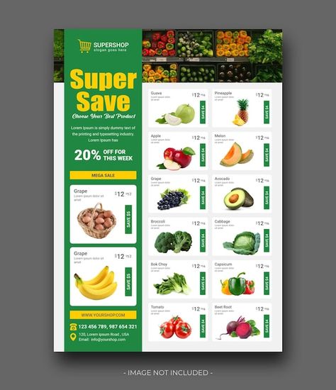 Vector supermarket flyer design | Premium Vector #Freepik #vector #supermarket-products #supermarket-grocery #grocery-store #grocery-shopping Grocery Marketing Ideas, Supermarket Catalogue Design, Super Market Design, Market Flyer Design, Grocery Poster, Supermarket Poster, Supermarket Branding, Supermarket Advertising, Supermarket Flyer