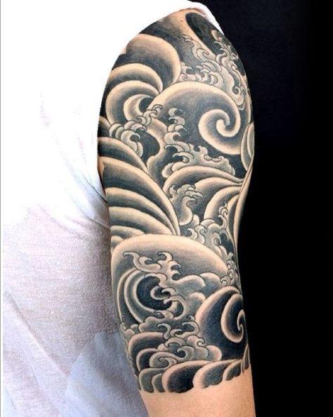 Cool Old School Waves Japanese Half Sleeve Tattoo Ideas For Guys Japanese Wave Tattoos, Skull Sleeve, Skull Sleeve Tattoos, Tattoo Background, Water Tattoo, Wave Tattoo, Skeleton Tattoos, Half Sleeve Tattoos For Guys, Eagle Tattoos