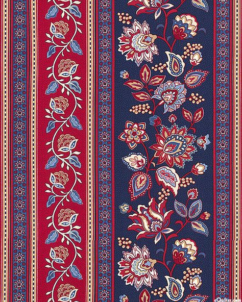 Americana - Jacobian Floral Stripe - Navy Patchwork, Floral Stripe Pattern, Floral Borders, Textile Prints Design, Paisley Art, Indian Patterns, Floral Border Design, Textile Pattern Design, Digital Borders Design