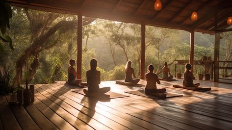 Yoga In The Forest, Garden Yoga Studio, Aesthetic Yoga Studio, Yoga Esthetics, Yoga Retreat Aesthetic, Tulum Retreat, Retreats Wellness, Yoga Landscape, Yoga In Nature