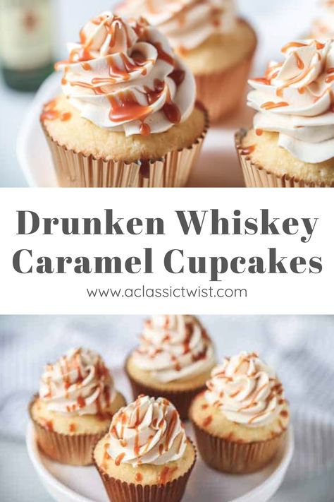 Caramel Bourbon Cupcakes, Vanilla Whiskey Cake, Bourbon Cupcake Recipe, Whiskey Themed Dessert, Whiskey Infused Cupcakes, Vanilla Bourbon Cupcakes, Whiskey Cupcake Recipes, Chocolate Whiskey Cupcakes, Screwball Whiskey Dessert Recipes