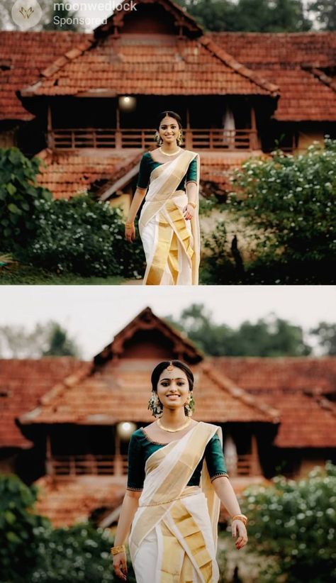 Kerala Attire, Onam Photoshoot, Kerala Outfits, Temple Shoot, Onam Photos, Kerala Engagement Dress, Bride Shoot, Kerala Saree Blouse, Onam Outfits