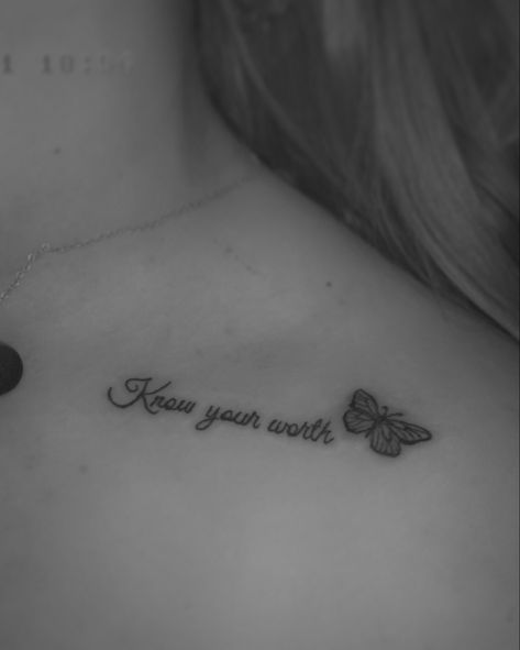 Tattoos For Under Collar Bone, Small Tattoos For Women On Collar Bone, Tattoo Ideas Self Worth, I Got My Own Back Tattoo, Tattoo Idea Collar Bone, Short Saying Tattoos For Women, Colar Bone Tattoo For Women Unique Baddie, Collar Bone Tattoo Ideas Female, Chest Collarbone Tattoo Female