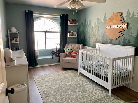 Green Star Wars Nursery, Forest Moon Of Endor Nursery, Start Wars Nursery, Star Wars Endor Bedroom, Star Wars Nursery Boys, Mandalorian Nursery Ideas, Star Wars Theme Nursery, Gender Neutral Star Wars Nursery, Neutral Star Wars Nursery