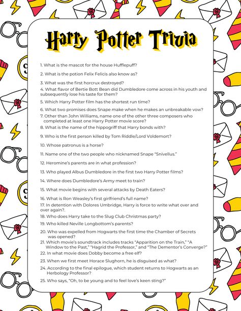 Harry Potter trivia questions with a pair of Harry Potter glasses in the background Harry Potter Weekend, Harry Potter Trivia Questions, Harry Potter Questions, Harry Potter Trivia, Harry Potter Trivia Quiz, Hogwarts Quiz, Harry Potter House Quiz, Harry Potter Activities, Classe Harry Potter