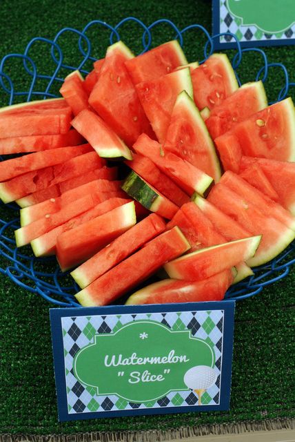 Golf food for golf party-Watermelon slice!- B. Lovely Events #golfparty Golf Birthday Party Ideas, Golf Party Foods, Golf Baby Showers, Golf First Birthday, Golf Theme Party, Golf Party Decorations, Golf Baby, Golf Cake, Golf Birthday Party